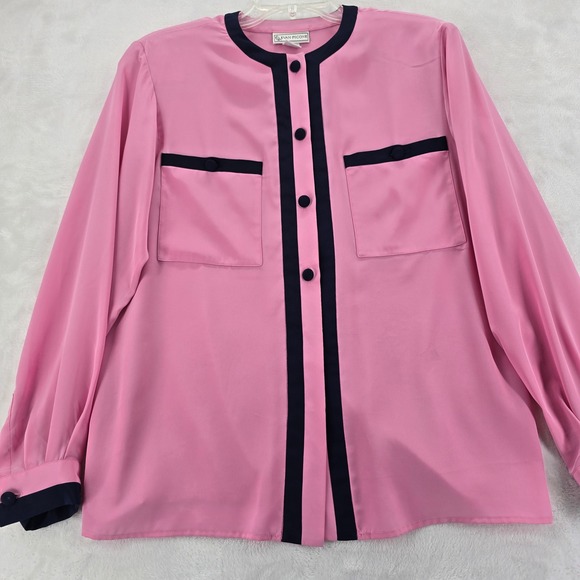Evan Picone Tops - Evan Picone Blouse Womens 10 Button Front Pink Navy Blue Contrast Trim Pocket